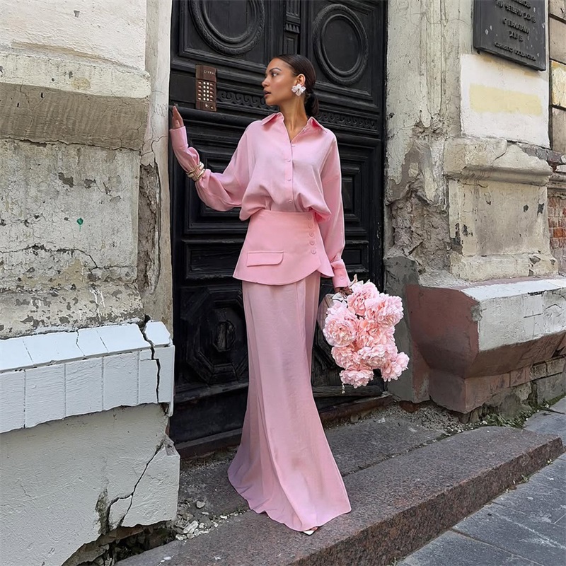 Women Formal Wear Shirts - Autumn Pink Black Women Suit Skirt