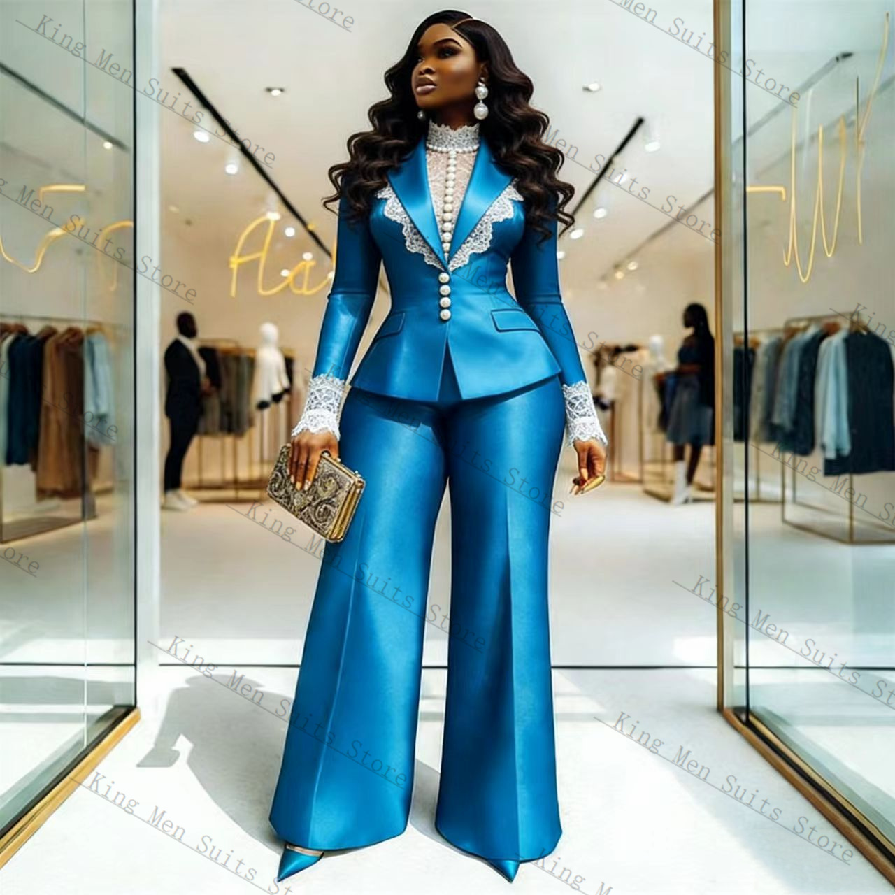 Women'S Formal Wear For A Wedding - Blue Satin Lace Women Suit Set