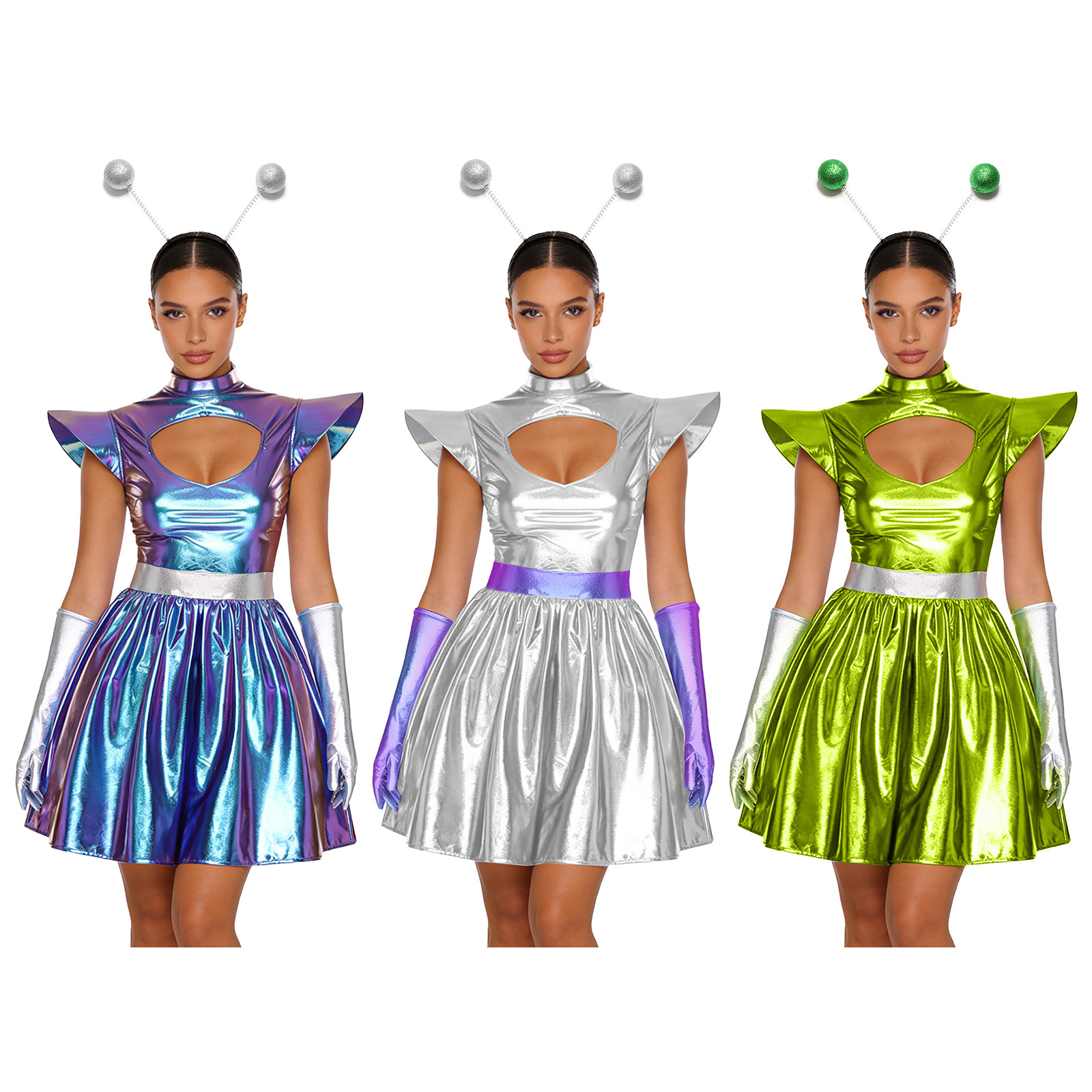 Shift Dress Sleeveless - Women Shiny Alien Outerspace Cosplay Costume