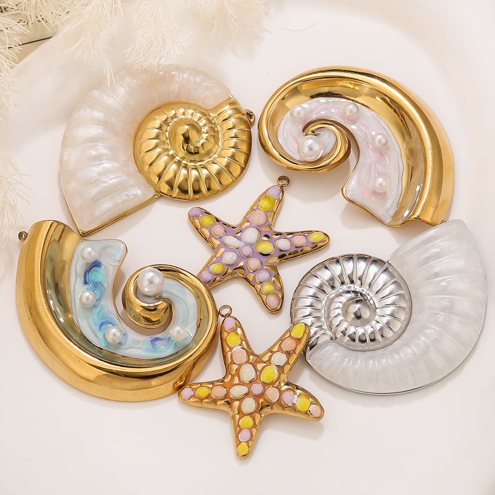Pearl Earring Stud - 2PCS Pearl Conch Starfish Stainless Steel