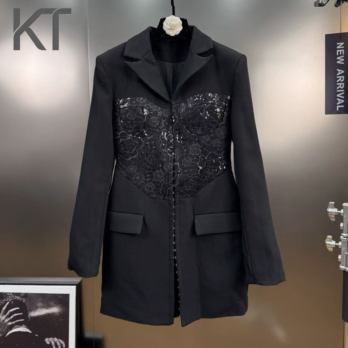 Women Formal Wear Blazers - KT Elegant Lace Sequin Blazer Dress