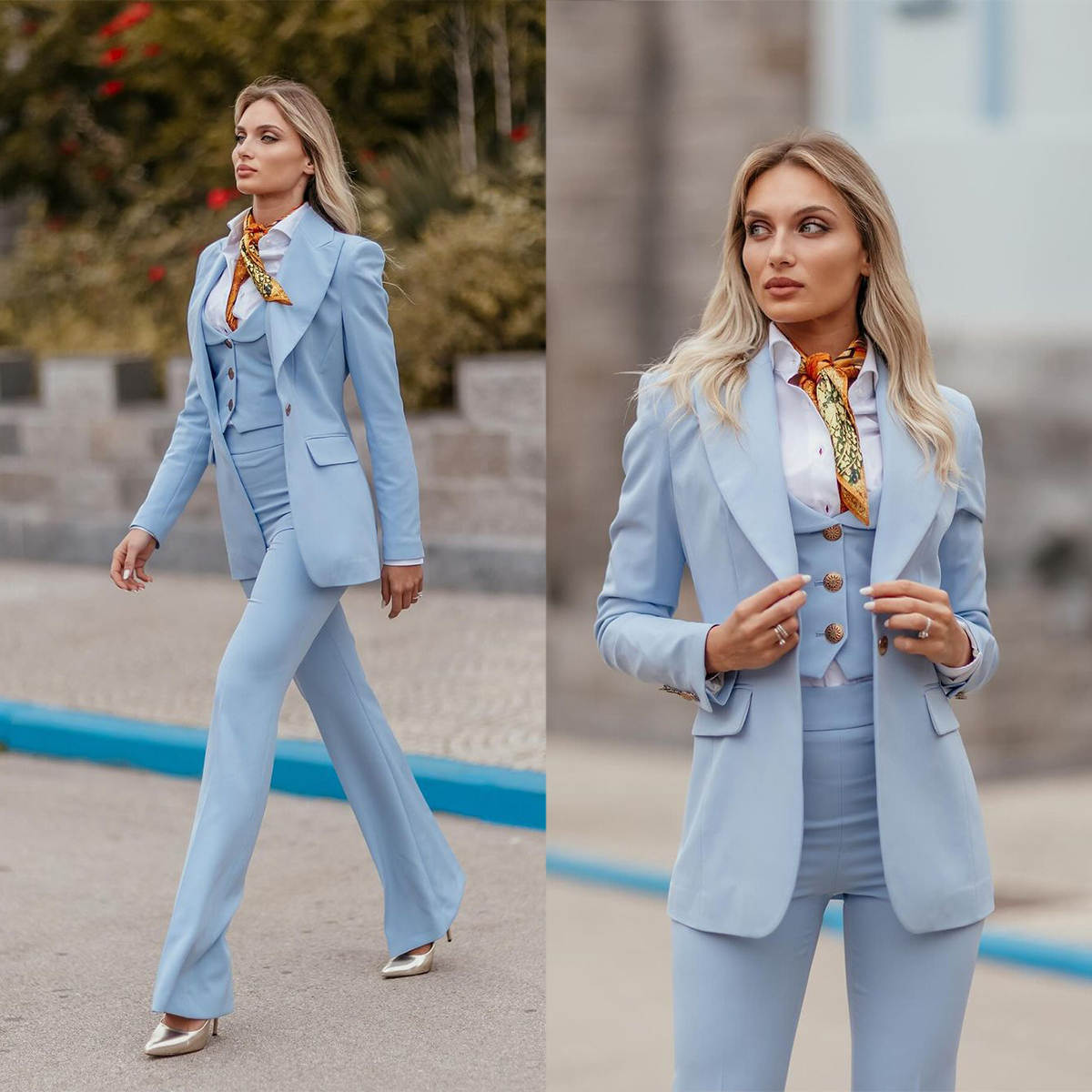 Women Formal Suits Sky Blue Pe - Women Formal Wear With Tie 评论和价格
