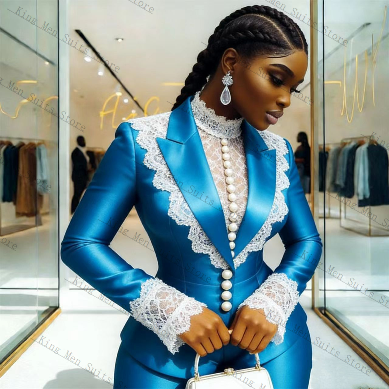 Blue Satin Lace Women Suit Set - Women'S Formal Wear For A Wedding 评论和价格