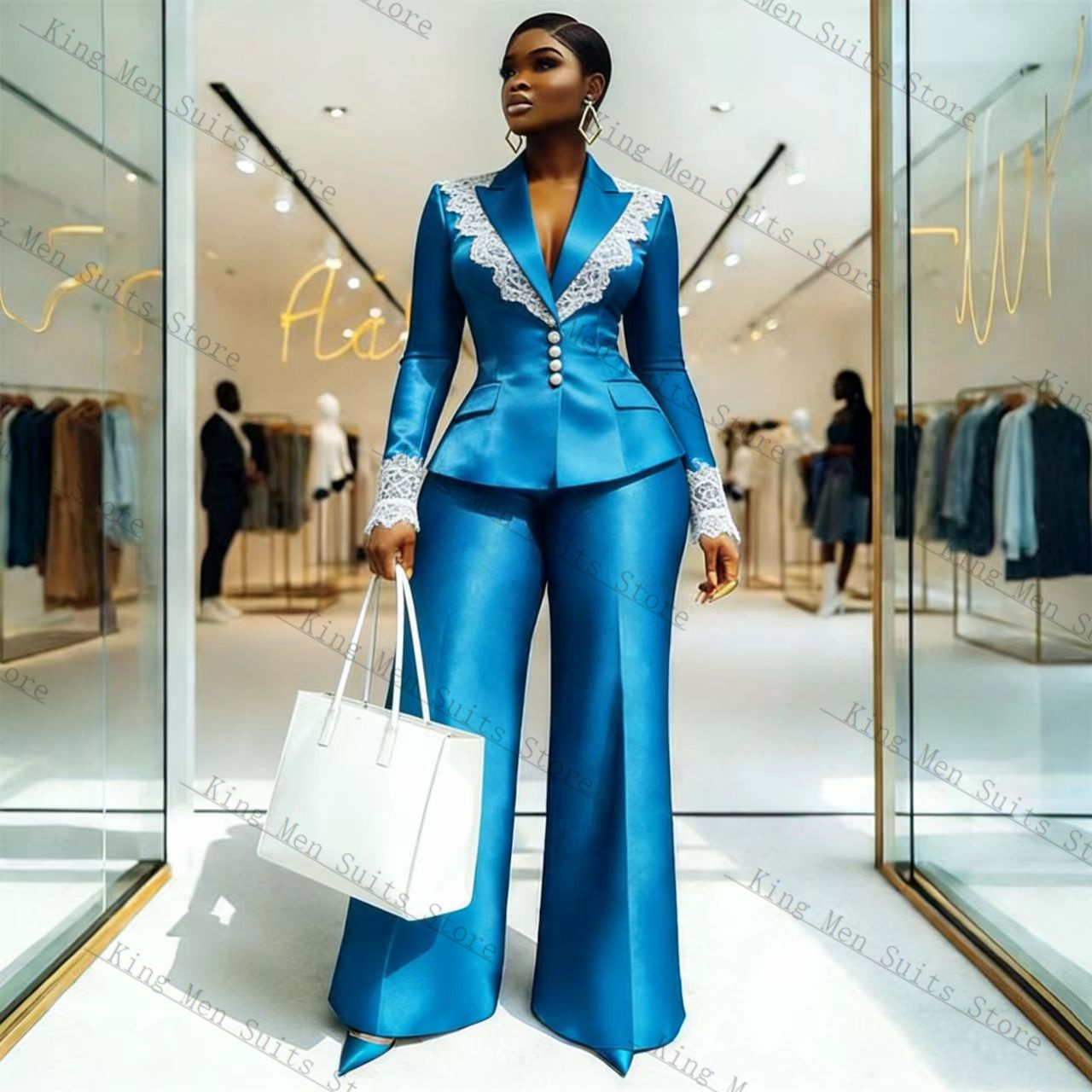 Blue Satin Lace Women Suit Set - Women'S Formal Wear For A Wedding 评论和价格