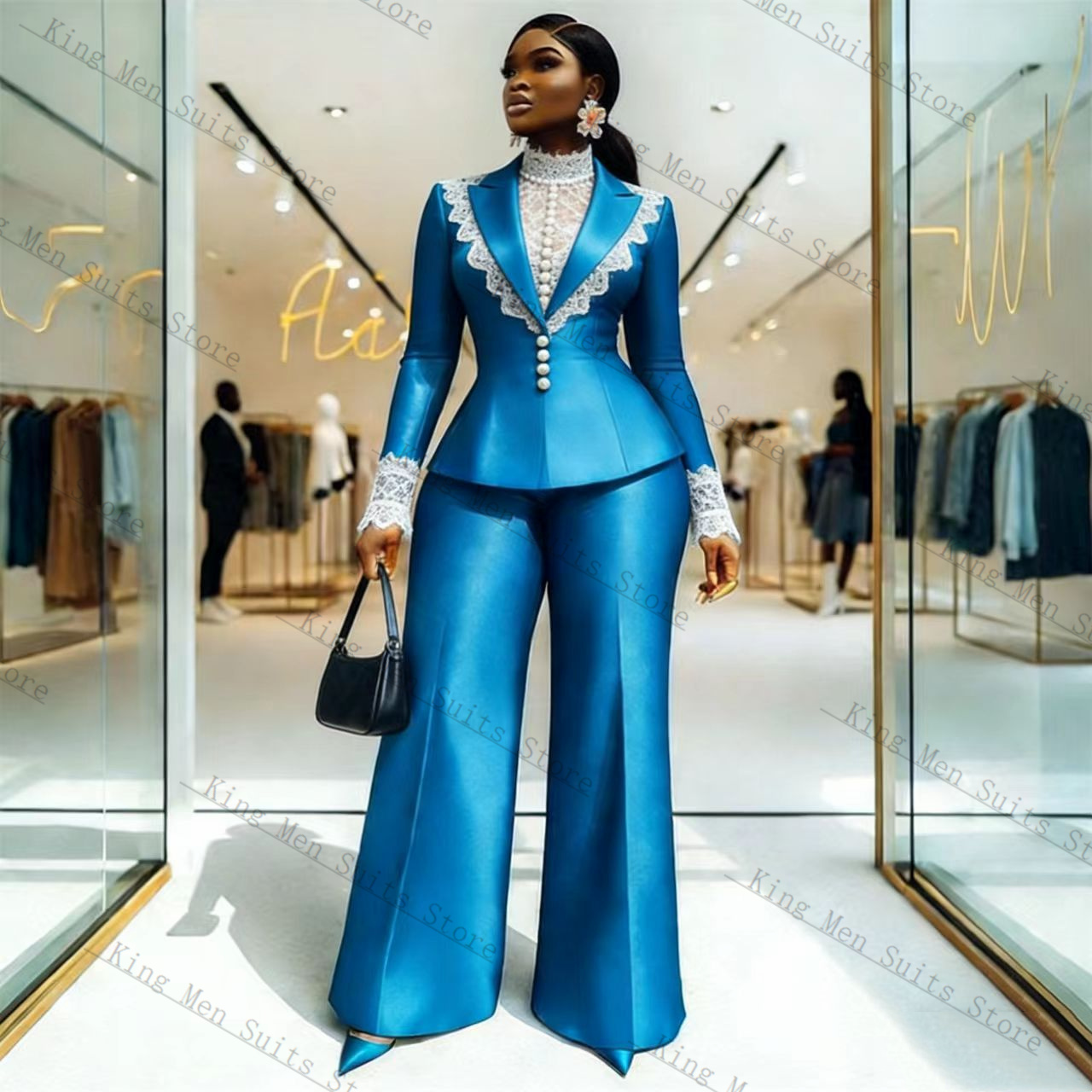 Blue Satin Lace Women Suit Set - Women'S Formal Wear For A Wedding 评论和价格