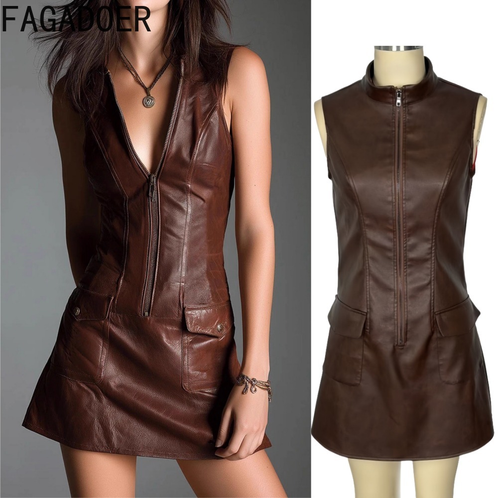 FAGADOER Fashion Leather Zippe - Shift Dress Sleeveless 评论和价格